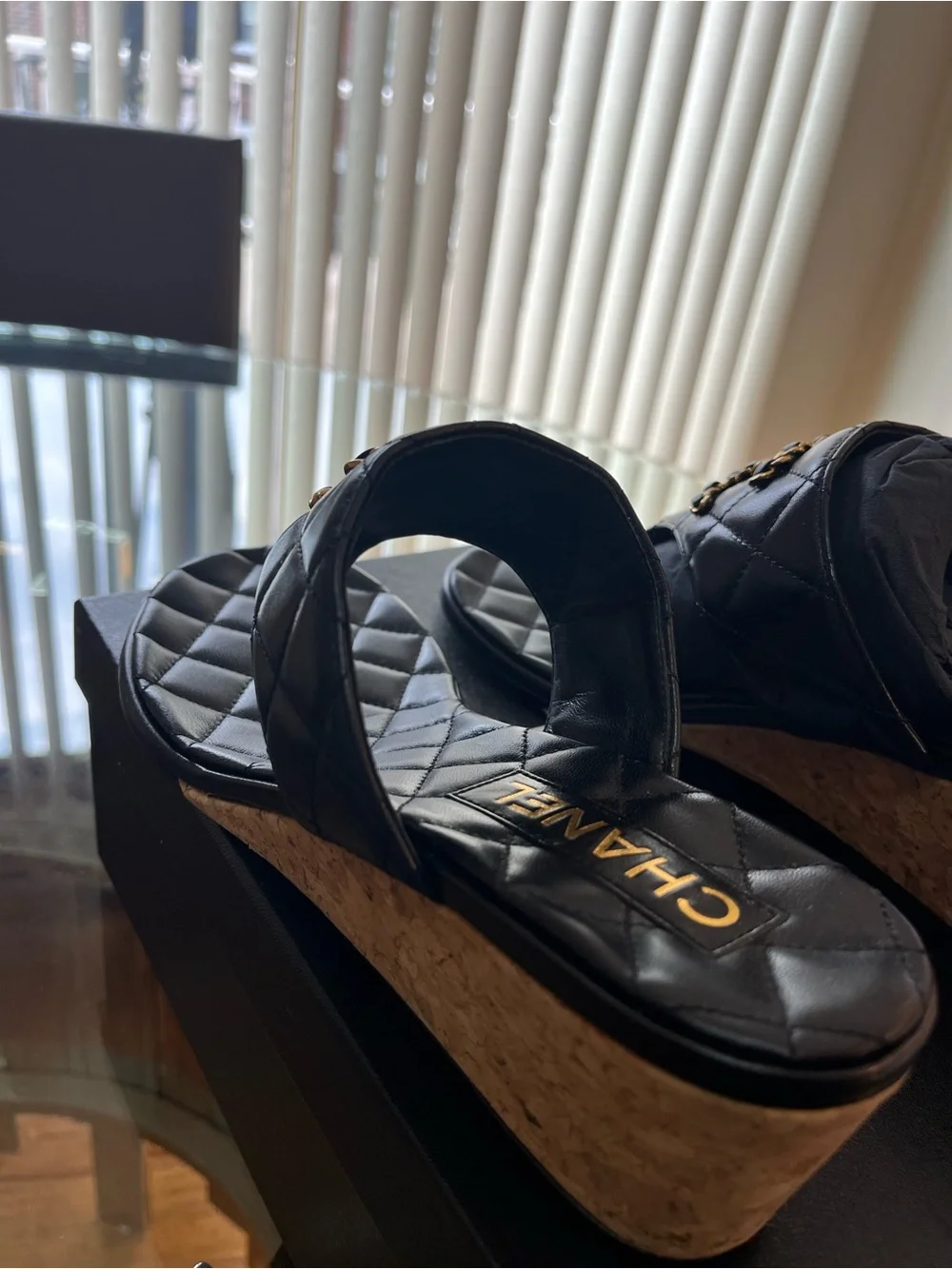 CHANEL Black Quilted Leather Thong Sandals with Gold Chain CC